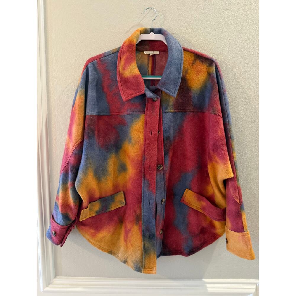 easel Multicolor Tie-Dye Wool Shacket - Blue, Red, Yellow see